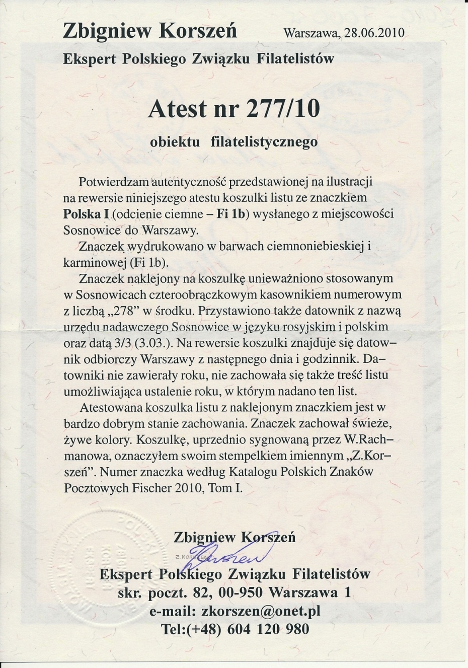 278 - Sosnowice (201) 1b atest obwoluty listu do Warszawy, pkt.4B