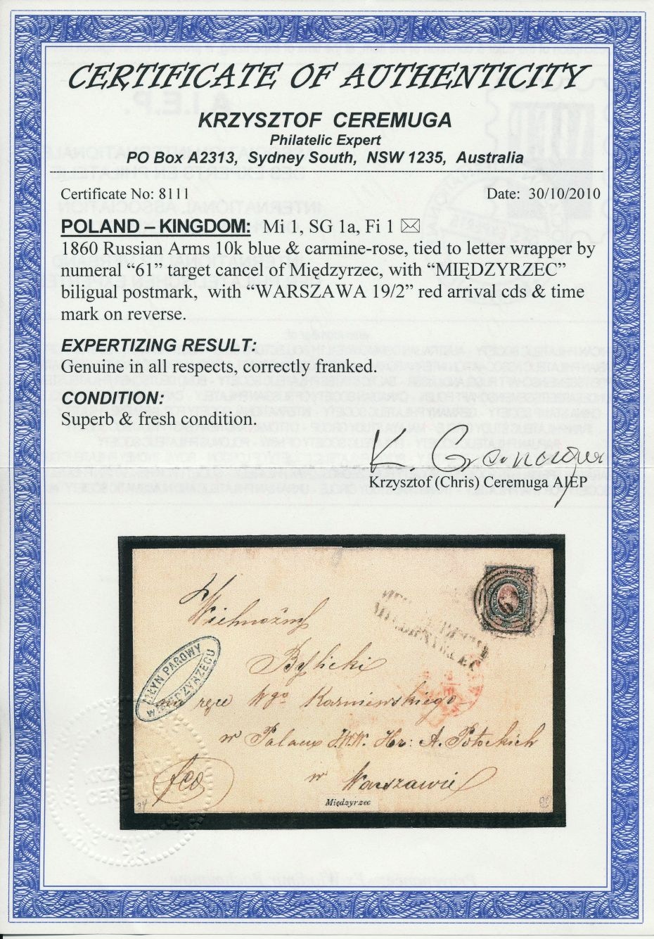 61 - Międzyrzec (298) 1a atest obwoluty listu do Warszawy, miejscownik rosyjskopolski podłużny, pkt.3B