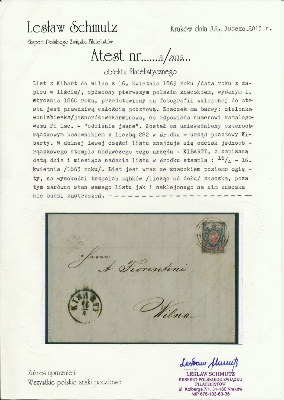 282 - Kibarty (294) 1ac atest obwoluty kompletnego listu do Wilna w Rosji, obecnie Litwa, pkt.1B
