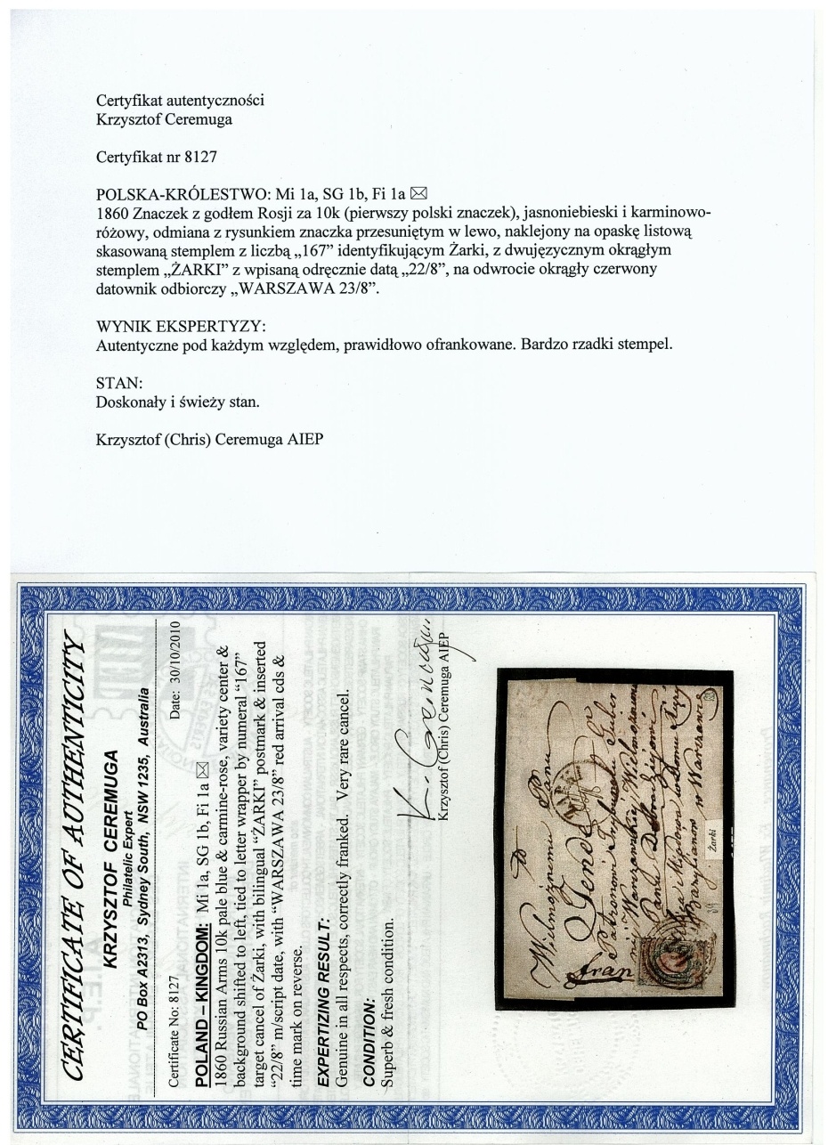 167 - Żarki (173) 1a atest obwoluty listu do Warszawy, pkt.7B