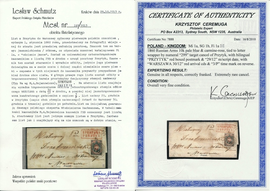 299 - Przytyk (198) 1a atest obwoluty listu do Warszawy, nakład II z 1860, pkt.9B