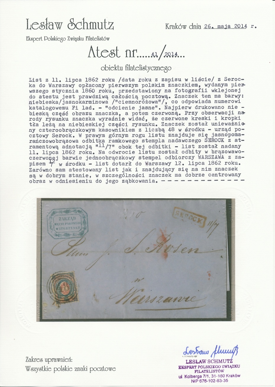 48 - Serock (214) 1ad atest obwoluty kompletnego listu do Warszawy, nakład II z 1860, pkt.7B