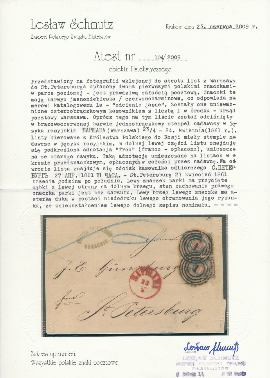 1 - Warszawa (318) 1a atest (L.Schmutz) obwoluty dwułutowego listu, parka znaczków, do St. Petersburga do Rosji, poz. 81 i 82, pkt.1B