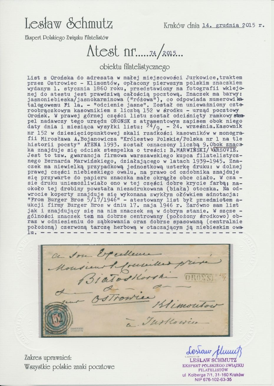 152 - Orońsk (280) 1a atest (L.Schmutz) koperty listu wysłanego przez Klimontów do Jurkowic, korespondencja prywatna, pkt.9B