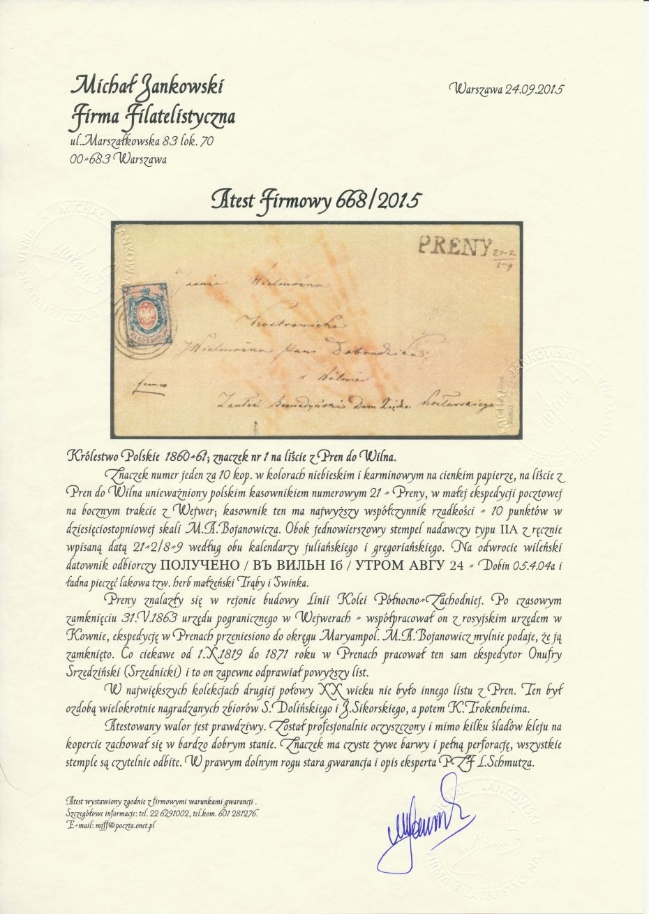 21 - Preny (277) 1b(u) atest (M.Jankowski) koperty listu do Wilna w Rosji, pkt.10B