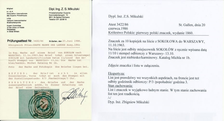 70 - Sokołów (281) 1b atest obwoluty listu do Warszawy, czarny rzadszy kasownik, pkt.1B