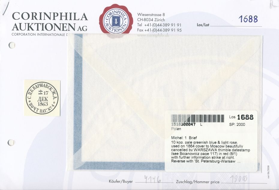 poprzednik - Warszawa DP (284) 1a karta aukcyjna CorinPhila obwoluty listu przez St. Petersburg do Moskwy w Rosji, poprzednik kasownika DPR)