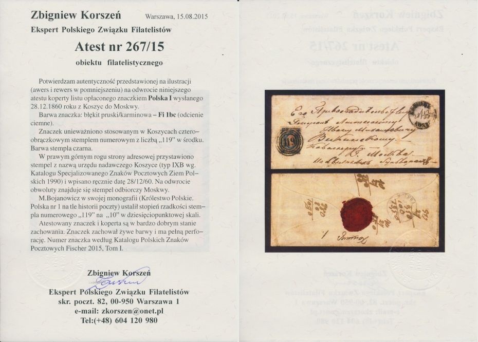 119 - Koszyce (334) 1bc atest (Z.Korszeń) koperty listu do Moskwy w Rosji, poz.67, pkt.10B
