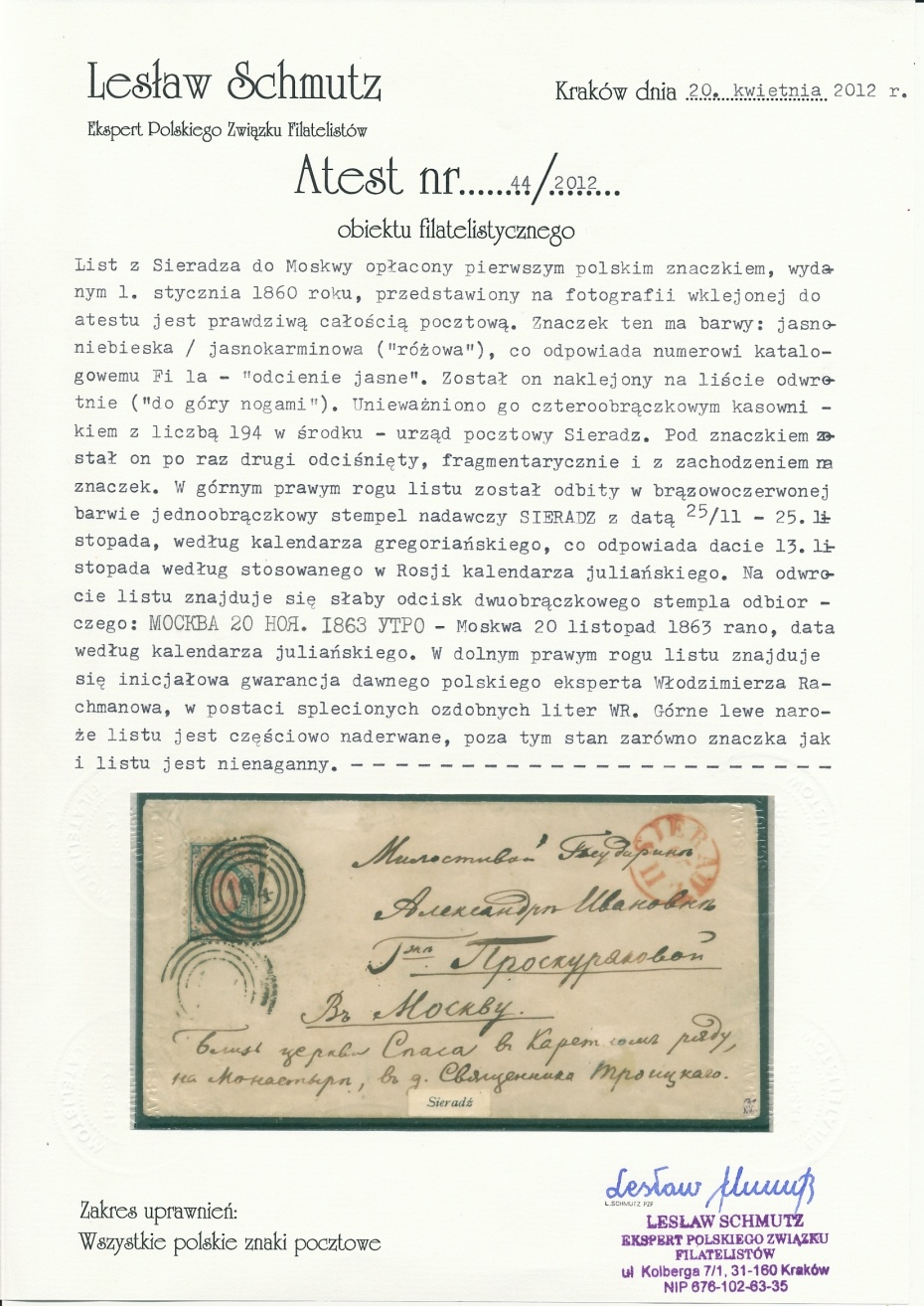 194 - Sieradz (230) 1a atest koperty listu do Moskwy w Rosji, nakład II z 1860, pkt.3B