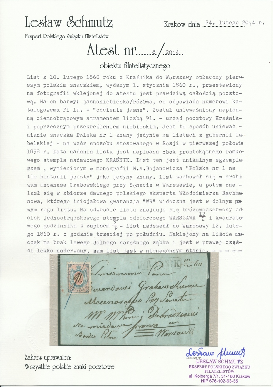 91 - Kraśnik (225) 1a atest obwoluty listu do Warszawy, wczesne użycie 10.02.1860, kasowany kreśleniem, pkt.4B(RRR)